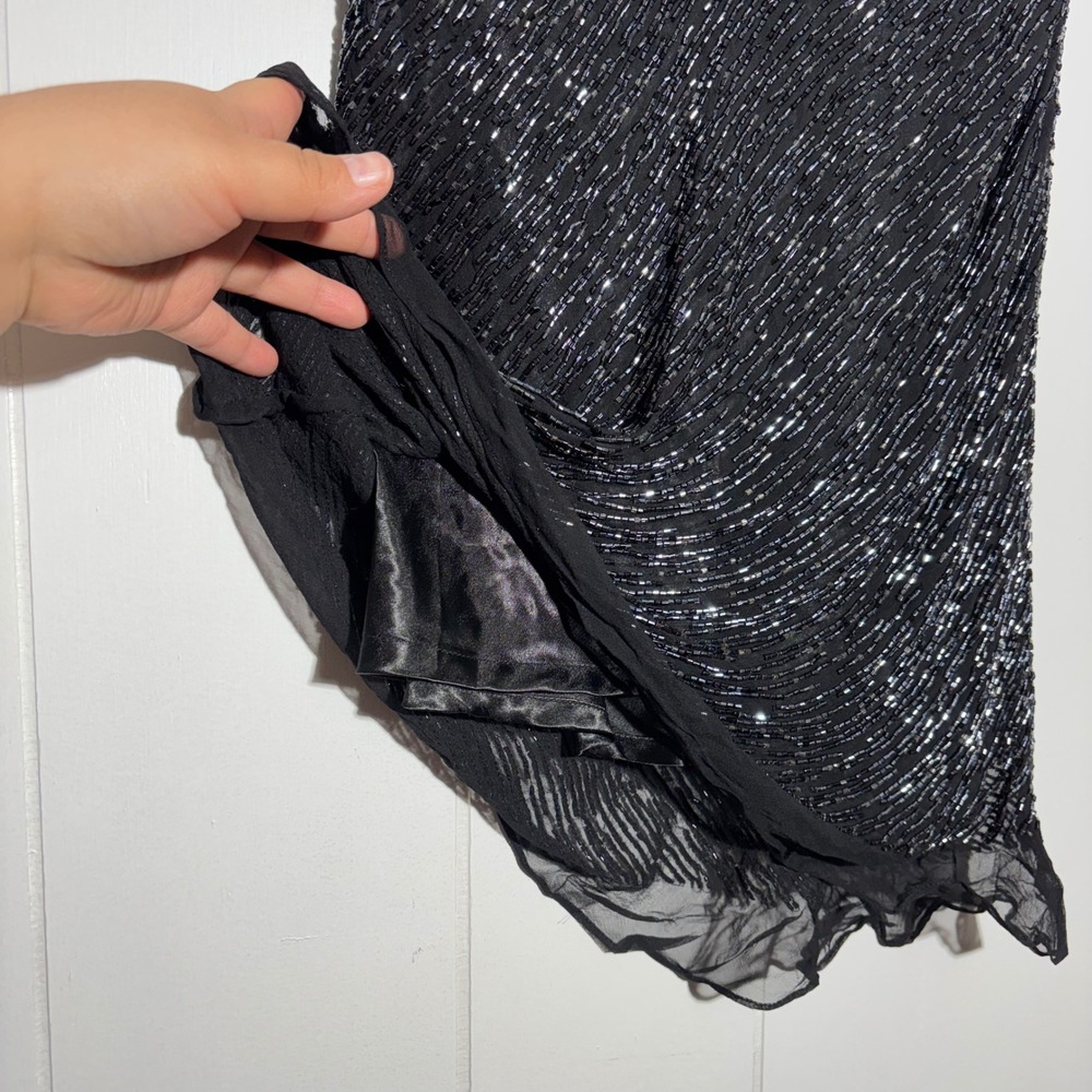 Vintage Y2K Black Beaded Midi Skirt Ruffle Hem Old Money‎ Delicate Evening Large - Picture 3 of 11